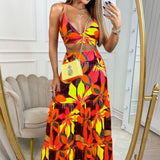 Rarove Back to school Two Piece Sets Sleeveless Printed Skirt Two-Piece Sexy Tops Elegant Long Dress Beach Suit