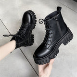 Rarove Back to school Chunky Platform Ankle Boots Women Pu Leather Square Heels Combat Booties Female Black White Lace Up Short Boots Woman