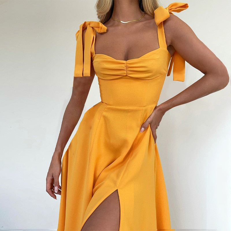Rarove Elegant Slit Midi Dress Outfits For Women Summer Holiday Sundresses Sexy Backless Bow Tie Gown Vestido