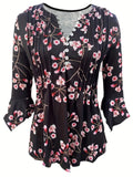 Rarove- 2023 New Printed Shirt Women V Neck Button Fold Mid Sleeve Lady High Quality Elegant Top Autumn Blouse