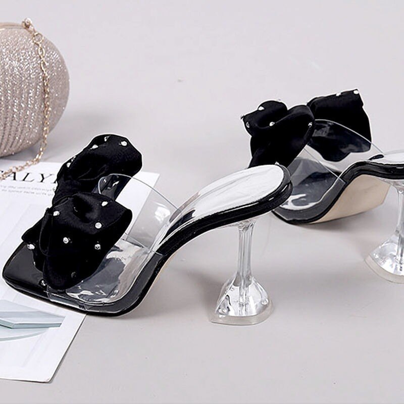 Rarove Woman Sparkly Bow Heels Fashion Bling Transparent Pointed Toes Sandals Elegant Slingback Crystal Female Party Pumps