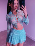 Rarove  Y2K See Through Top And Skirt 2 Piece Sets For Women Outfits Button Up Lace Matching Sets Club Party Clothes