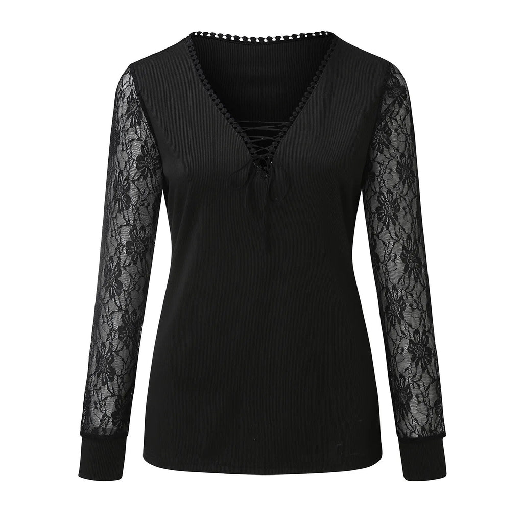 Rarove- Black Lace Perspective Long Sleeve Blouse Female Sexy Deep V Neck Tops women Spring Autumn Pullover T Shirt Clothes