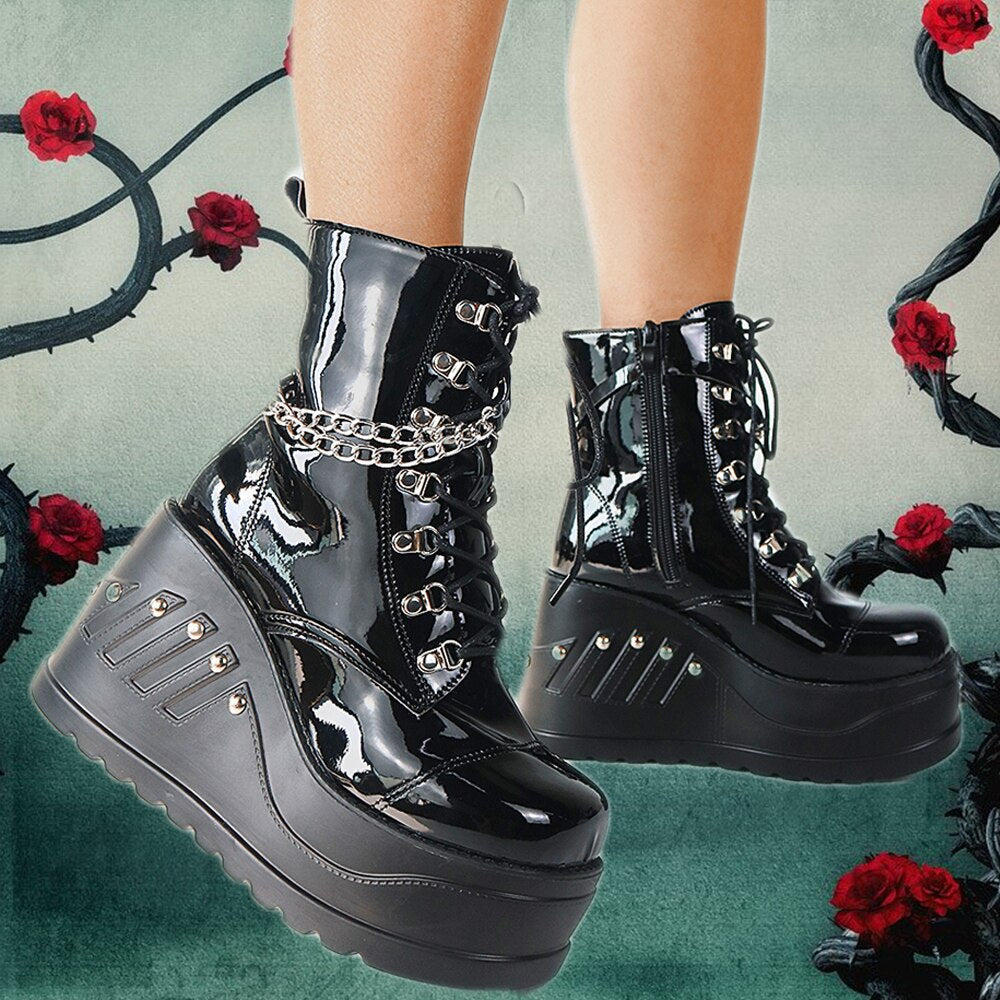 RAROVE Halloween Platform Metal Chain Shoeslace High Wedges Ankle Boots For Women Zip Short Gothic Style Black Rivet Autumn Winter Shoes