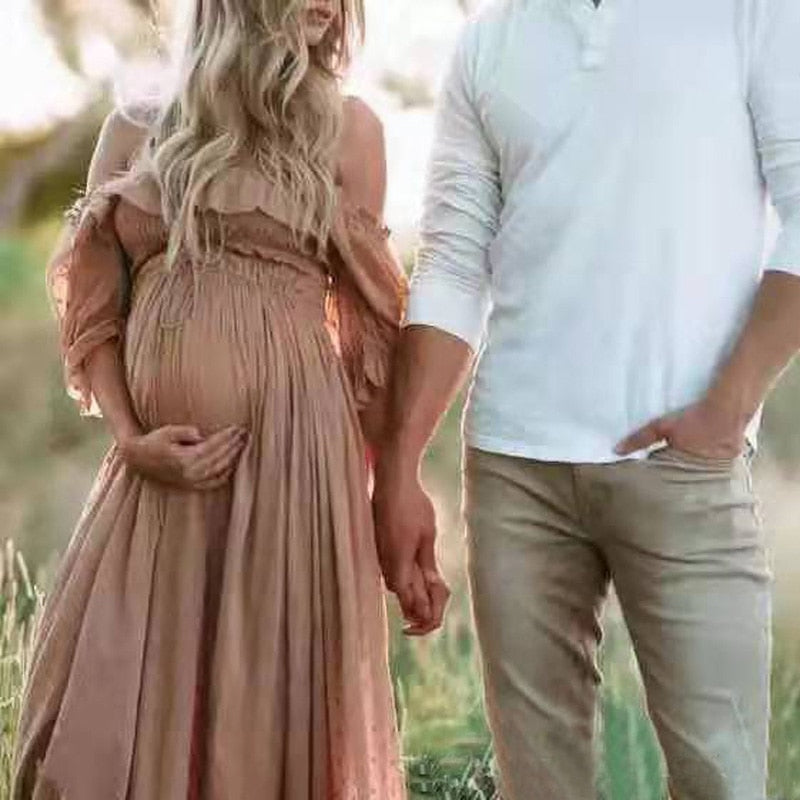 Rarove Elegant Off-The-Shoulder Maternity Dress Ruffle Sleeves High Waist Trailing Long Dress Photography Props Pregnant Woman Clothing
