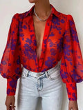 Rarove- Luxury Printed Blouse Female Long Sleeve Stand Collar Button Tops Women Summer Elegant Multicolour Thin Shirt