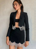 Rarove Rhinestone Tassel Curved Hem Blazer Coat Ladies Hip Package Skirt Suits Women 2 Piece Short Skirts Set Elegant 2023 Long Sleeve