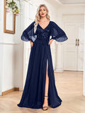 Rarove Sexy Sequin Maxi V-neck Dress Women 2023 Elegant Flared Sleeves Chiffon Party Dress Wedding Evening Dresses Vestidos