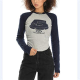 Rarove Women  Retro T-Shirt Slim Crop Top Korean Fashion Print Grunge Pullovers Vintage Long Sleeve Tee  pop Tops Grunge Tee blusas
