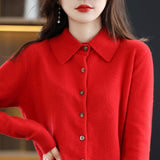 Rarove Thanksgiving Women's Wool Knit Cardigan Jacket Loose Polo Collar Sweater Outer Solid Color Button Knit Shirt Pullover French 2023 New  Spring
