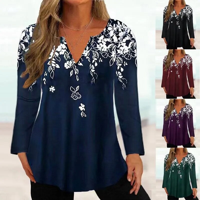 Rarove- Spring Autumn Blouse Women Loose V-Neck Long Sleeve Female Fashion Printing Pullover T-Shirt Large Size 5Xl