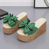Hot New 2022 Summer New Fashion Large Size T Sweet Bow Wedge Heel Thick Bottom Color Matching Word Sandals Women Sale