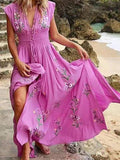 Rarove Summer Maxi Dress Women Elegant Vintage Sleeveless V Neck Floral Print Large Hem Long Polyester Dress For Party Dating Daily