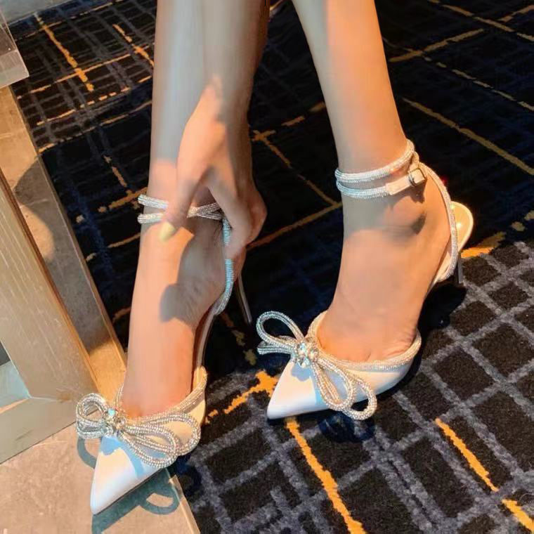 Fashion Women's High Heel Sandals Rhinestone Woman Pump Crystal Bowknot Ankle Strap Ladies Prom Shoes Women 2022 Female Footwear