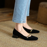 Rarove Black Friday 2022 Spring/Autumn Women Shoes Sheep Suede High Heels Fashion Square Toe Chunky Heel Shoes Women Solid Chain Office Ladies Shoes