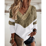 Rarove Fashion Colorblock Leopard Cheetah Print Sweater For Women Autumn Winter Ladies V-Neck Casual Top Long Sleeve Casual Sweater