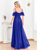 Rarove Elegant Tulle Blue Formal Evening Dress 2023 Shining A-line Wedding Party Maxi Gown Women Slit Backless Dresses Prom