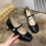 Rarove Silver Patent Leather Mary Jane Shoes For Women  New Ankle Strap Square Heels Pumps Woman Fashion Pearl Party Shoes