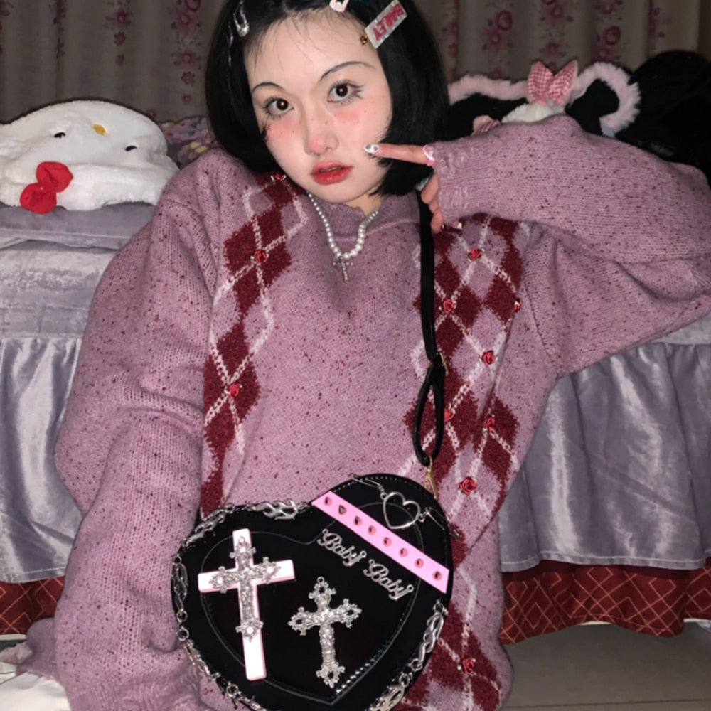 RAROVE Halloween Y2K Heart Crossbody Bag For Women Gothic Punk Rivet Metacl Chain Girls Messenger Bag Female Cute Lolita Clutch Shoulder Bags