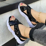 Rarove New Thick Soled Velcro Bright Face Round Head Sandals Bling Beach Shoes Roman Open Toe Sequin Hook And Loop Platform Sandals