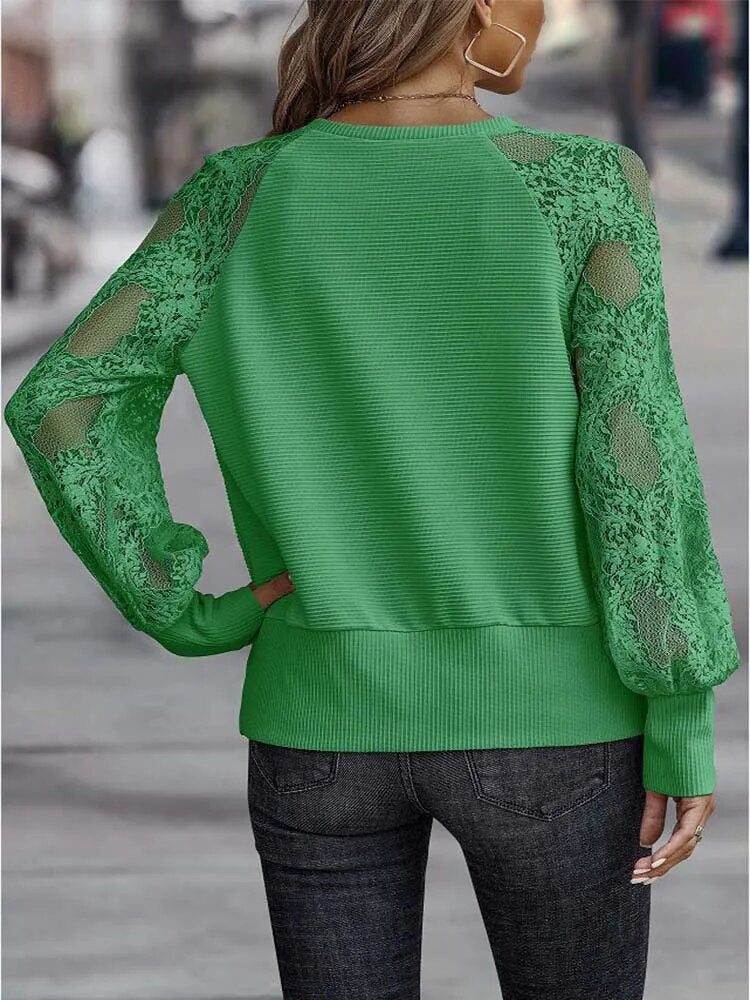 Rarove- Women Solid Lace Patchwork Tops V-Neck Long Sleeve See-Through T-Shirt Spring Autumn Female Casual Pullover