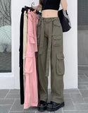RAROVE Vintage Cargo Casual Lace Up Pants Baggy Women Fashion Streetwear Pockets Straight High Waist Straight Y2k Trousers Overalls