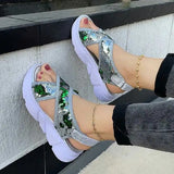Rarove New Thick Soled Velcro Bright Face Round Head Sandals Bling Beach Shoes Roman Open Toe Sequin Hook And Loop Platform Sandals