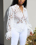 Rarove Women White Lace V Neck Hollow Out T-Shirts Long Sleeve Blouse Eyelet Embroidery Button Front Bell Sleeve Tops