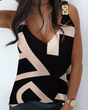 Rarove Women's Elegant Fashion Summer Sleeveless V-Neck Metal Button Print Strap Top Shirt Tank Top Women's Dress