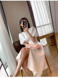 Rarove Summer New Women Fashion Elegant White Casual Solid Midi Dresses Office Lady Female A Line Clothes Vestdios