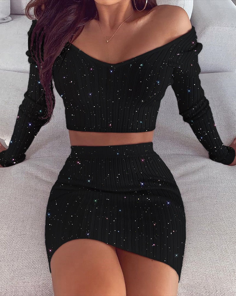 Rarove Back to School  Spring Fashion Women Sexy Casual Two-Piece Set Suit Sets Bodycon Dress Glitter Off Shoulder Crop Top & Skirt Sets