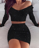Rarove Back to School  Spring Fashion Women Sexy Casual Two-Piece Set Suit Sets Bodycon Dress Glitter Off Shoulder Crop Top & Skirt Sets