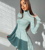 Rarove Spring Long Sleeve Solid Dress Girl A-line Pleated Skirt Prom Party Dance Clothes French Hollow Backless Dress for Women