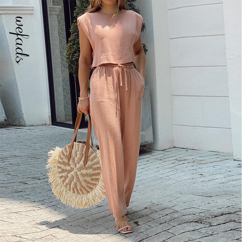 Rarove Women Two Piece Set Casual Vacation Solid Sleeveless Round Neck Long Loose Wide Legs Pants Sets With Pockets