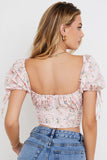 Rarove Summer Women Pink Shirt Ladies Ruffles Puff Sleeves Back Zipper Print Slim With Belt Vintage Vocation Short Crop Shirt