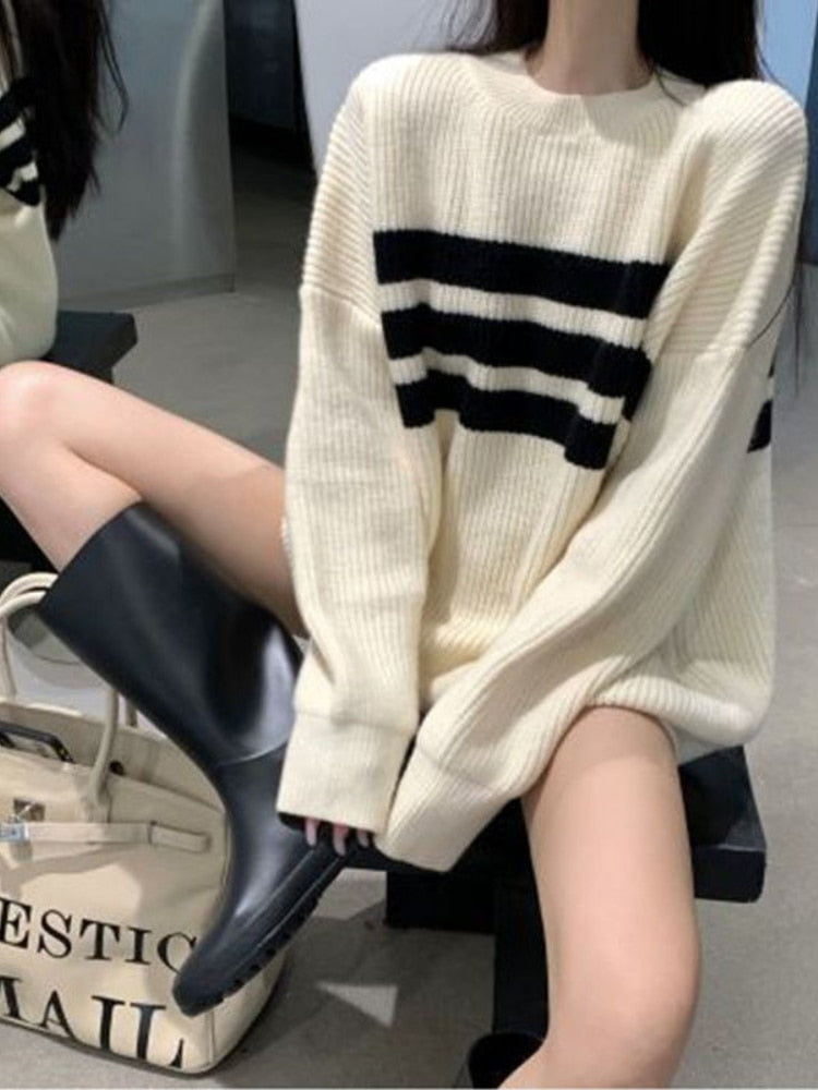 RAROVE Gothic Sweaters Women Harajuku Punk Knitted Stripes Jumper Vintage Plus Size Loose Long Sleeve Pullover Tops Streetwear