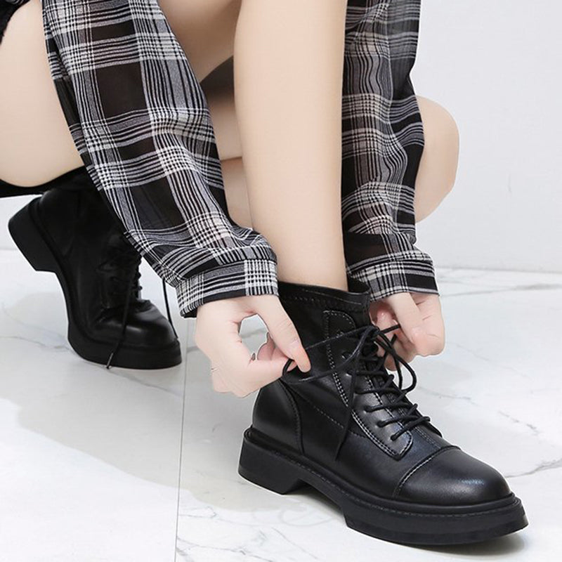 Rarove Back to school Lace Up Platform Ankle Boots For Women Autumn Winter Thick Sole Pu Leather Shoes Woman Warm Round Toe Motorcycle Boots