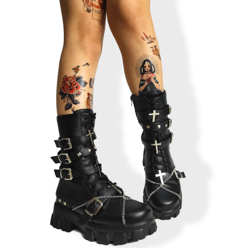 RAROVE Halloween Brand Punk Gothic Cosplay Motorcycle Combat Boots Women Zip Platform Chunky Heeled Mid Calf Boots Autumn Metal Shoes