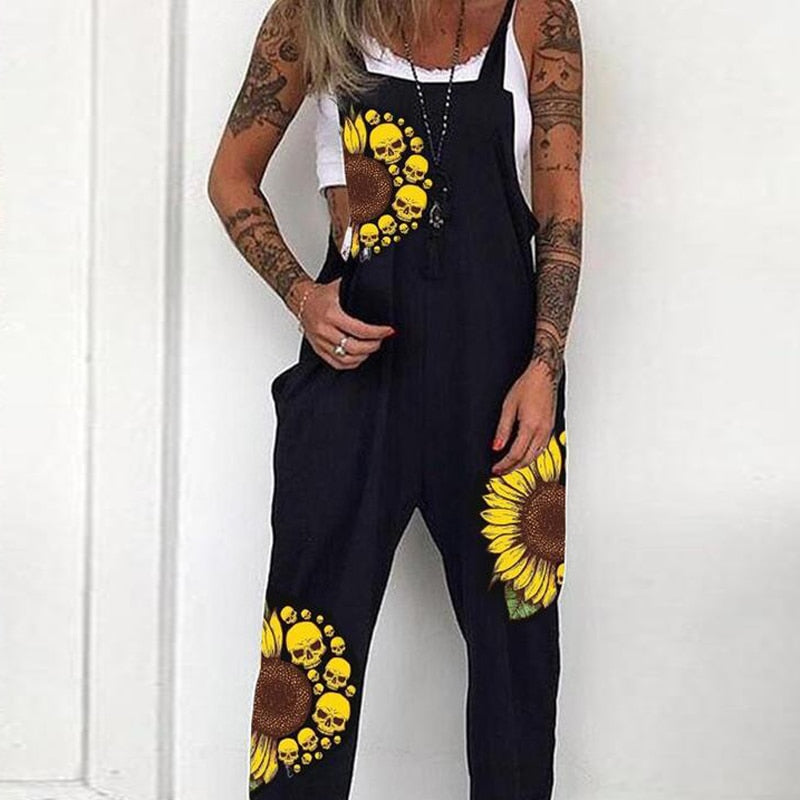 Rarove Women's Loose Long Pants Fashion Sleeveless Skull/Sunflower Print Strap Trouses Gothic Style Overalls Street Jumpsuit