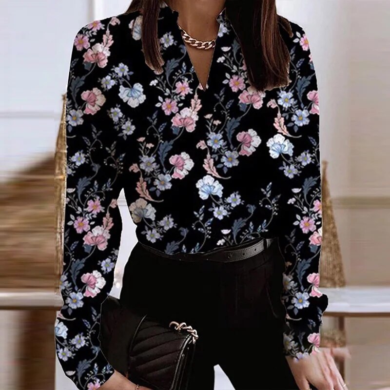 Rarove- Vintage Lapel Button Flower Print Blouse Women Stylish Loose Shirt Autumn 2023 Long Sleeve Elegant Lady Tops