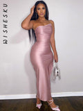 Graduation Prom Sexy Slant Shoulder Drawstring Ruched Maxi Dress Women Cut Out Split Pink Vestidos 2022 Summer Prom Night Elegant Clothes