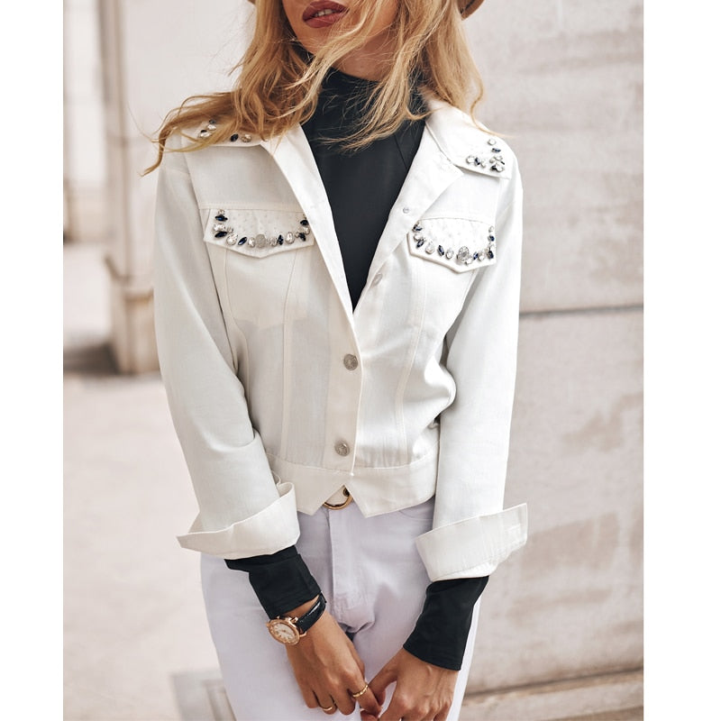 Rarove Women Fashion Casual Rhinestone Decor Button Front Long Sleeve Coat