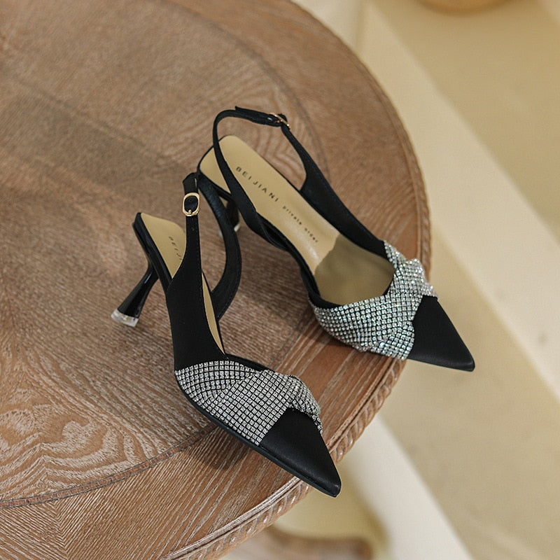 Rarove 7Cm New Fashion Sandals Thin High Heels Female Rhinestone Pointed Toe Ankle Wrap Wedding Women Shoes 38 39