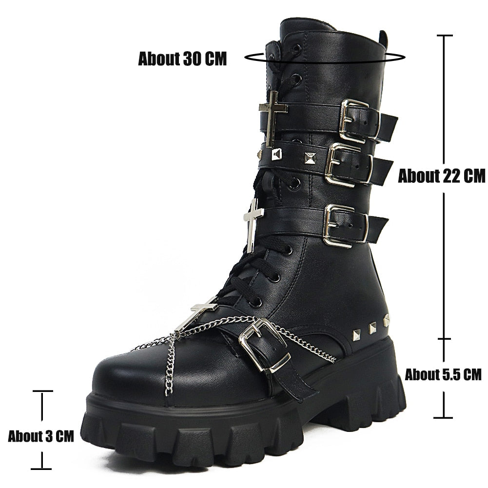 RAROVE Halloween Fashionable Trendy Black White Gothic Platform Buckles Chains Punk Rivets Combat Motorcycle Boots Shoes For Women 2022