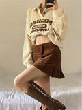 RAROVE 90S Retro Style Embroidery Sweatshirts Women Harajuku Corduroy Beige Oversized Hoodies Polo Collar Casual Tops Vintage