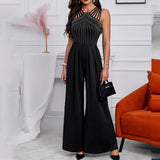 Rarove Back to School Women Fashion Elegant Sleevless Partywear Jumpsuits Formal Party Romper Studded Wide-Leg Party Jumpsuit