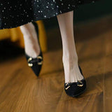 Rarove Fall Outfit Spring Women's Pumps Pointed Toe Round Low Heel Metal Decoration Ladies Heels Fashion Classic Retro Black Checkered Female Shoes