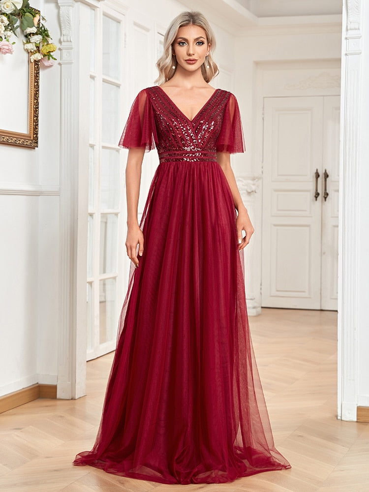 Rarove Elegant Evening Dresses A-LINE Chiffon Short Sleeve V-Neck 2023 Simple Sequins Wedding Party Bridesmaid Dress Women