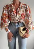 Rarove Thanksgiving 2023 Print Long Puff Sleeve Women's Shirt Elegant V-Neck Floral Office Women Shirts Spring Summer Fashion Ladies Tops 20541