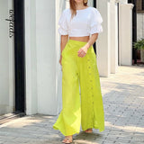 Rarove Women Summer Two Piece Set Puff Short Sleeve Top Irregular Backless Sexy Loose Wide Legs Pants Solid Casual Ladies Suit